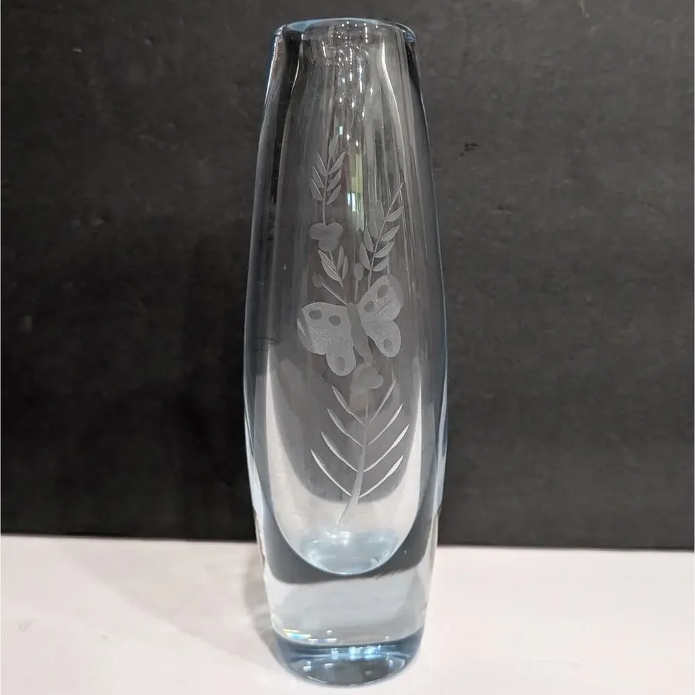 Vintage Kosta Boda Swedish Crystal Bud Vase by Vicke Lindstrand Etched Butterfly